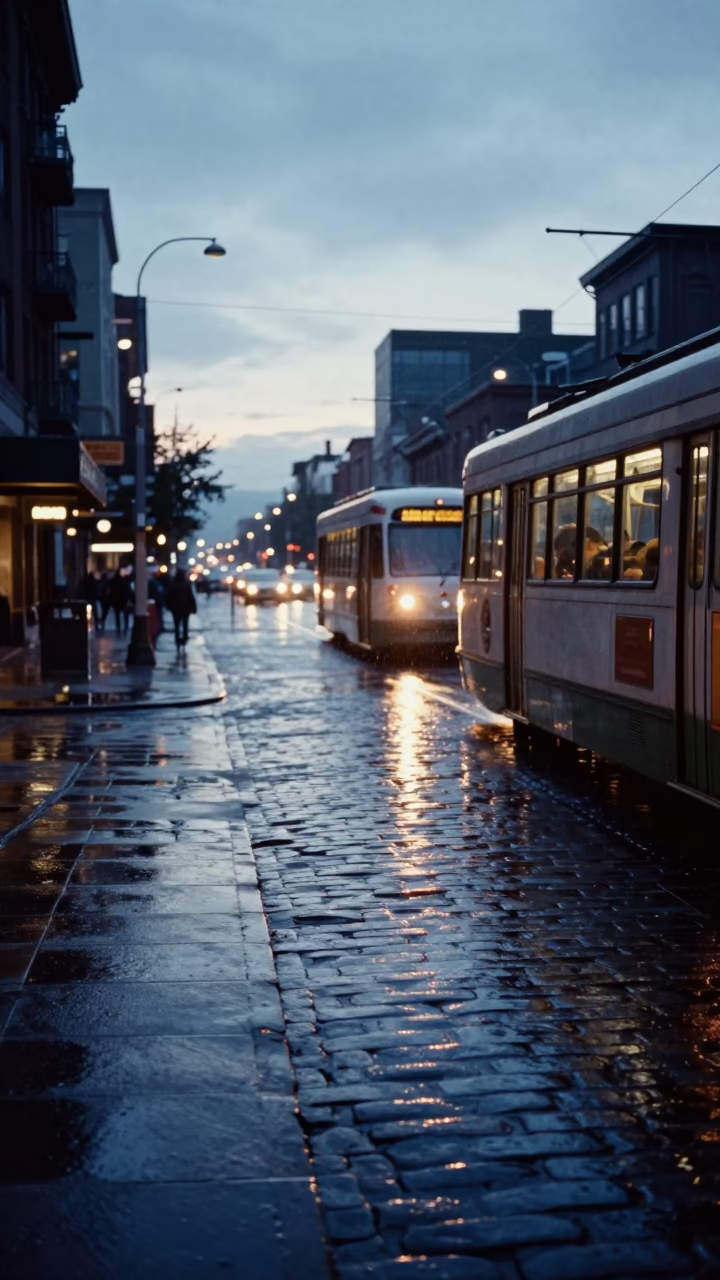 Dawn Street Scene in Seattle Washington with Rain Puddles and Tramcar Reflection in in Seattle, Washington, United States