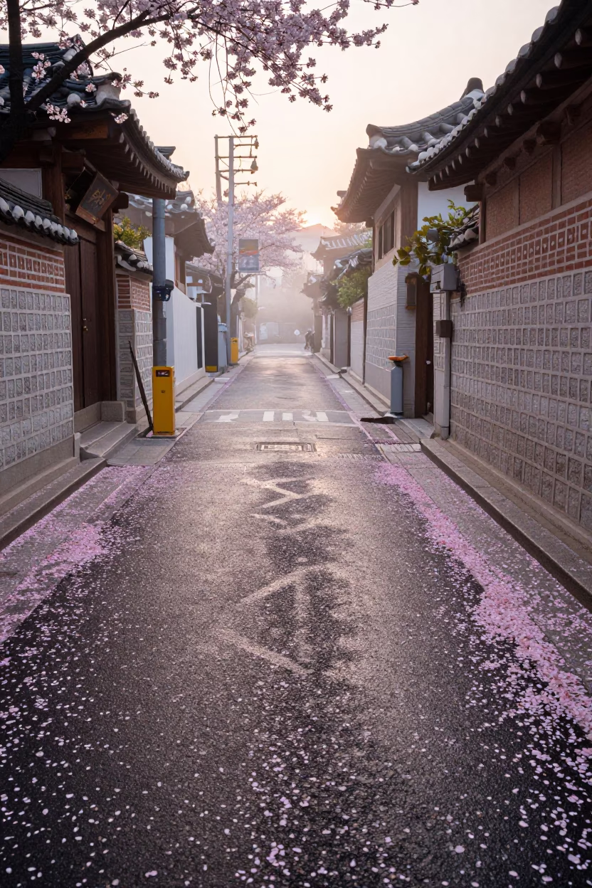 Dawn Street Scene in Seoul South Korea with Flower Petals and Traditional Market Activity in in Seoul, South Korea