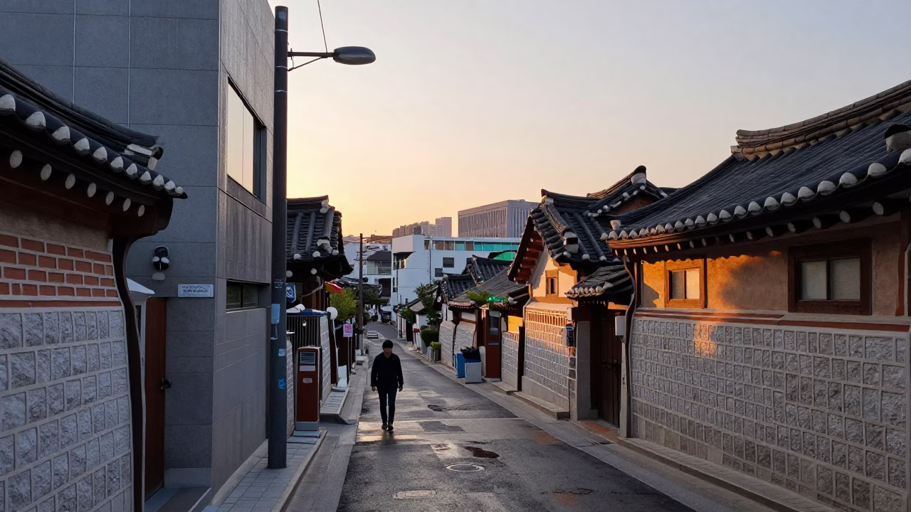 Dawn Street Scene in Seoul South Korea with Traditional and Modern Elements in in Seoul, South Korea
