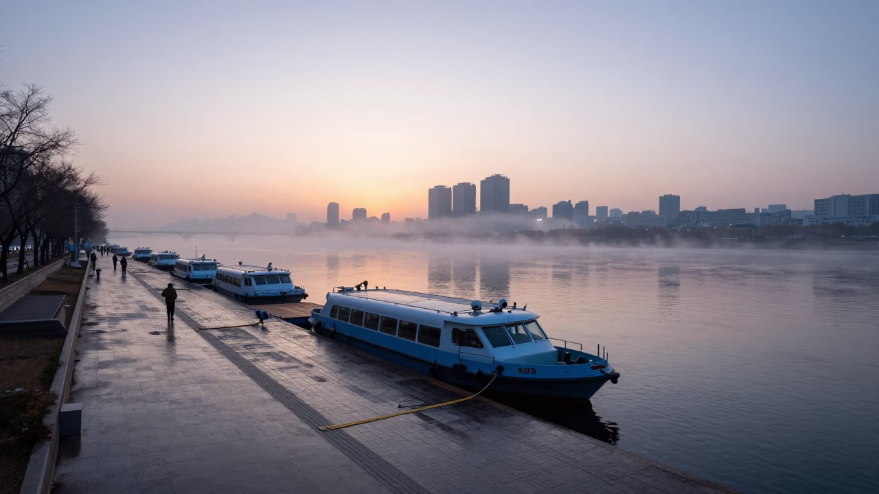 Dawn Street Scene in Seoul South Korea with Water Taxi and Blue White Porcelain in in Seoul, South Korea