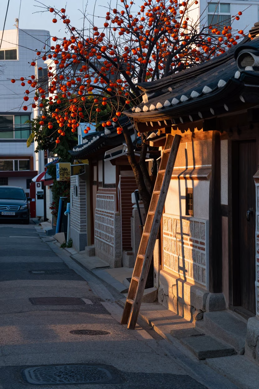 Dawn Street Scene in Seoul South Korea with Wooden Ladder and Persimmons in in Seoul, South Korea