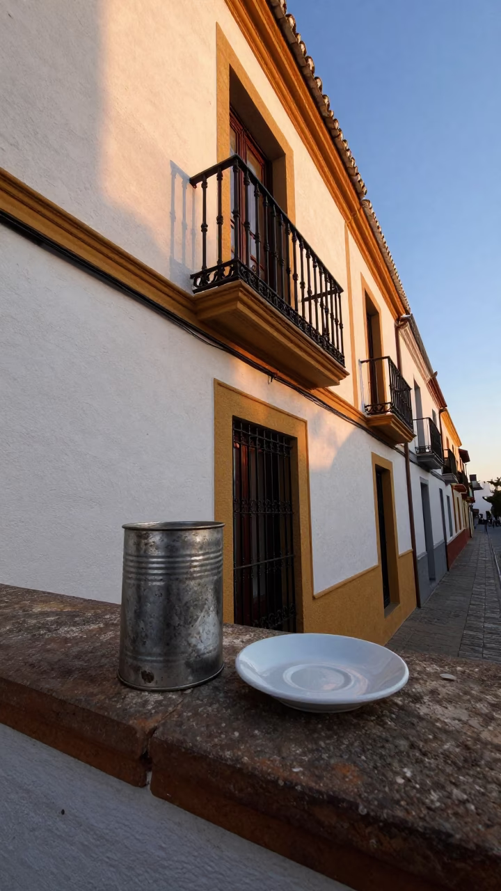 Dawn Street Scene in Seville Spain with Coffee Tin and Saucer on Iron Balcony in in Seville, Spain