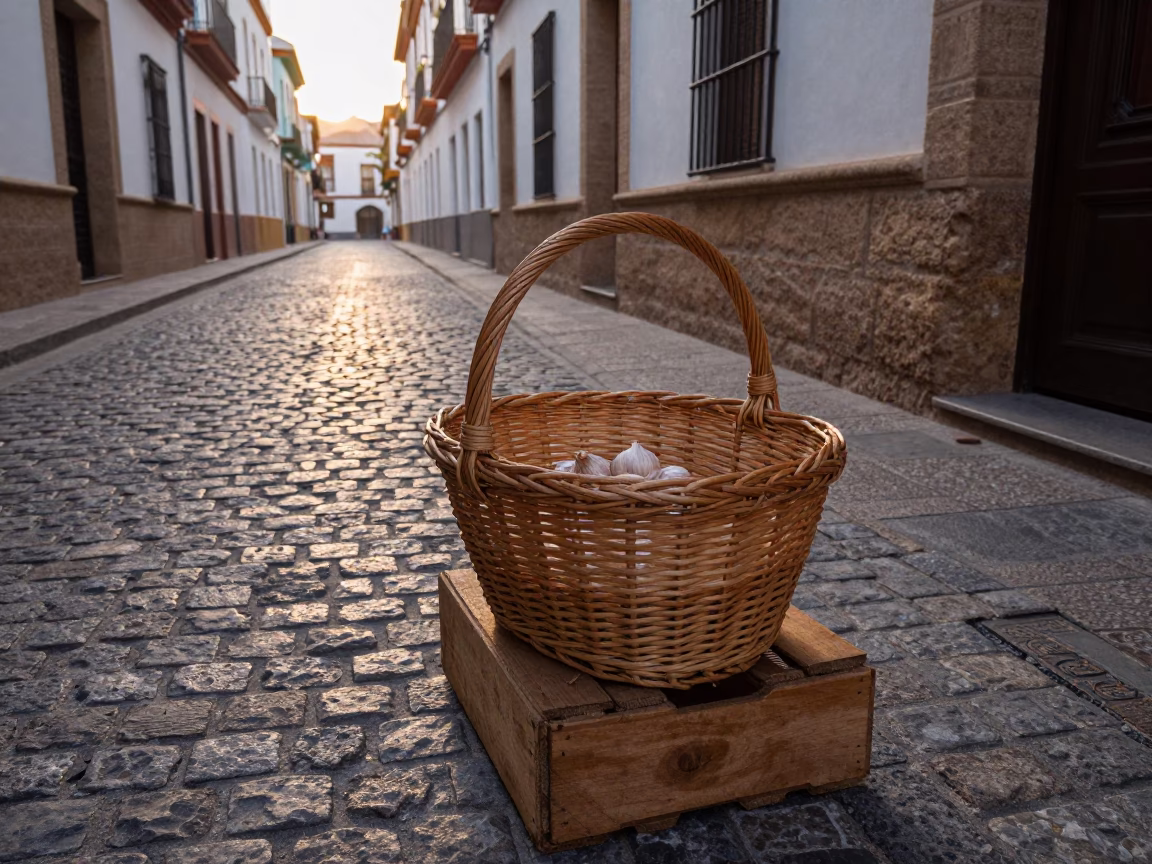 Dawn Street Scene in Seville Spain with Woven Basket and Garlic Bulbs in in Seville, Spain