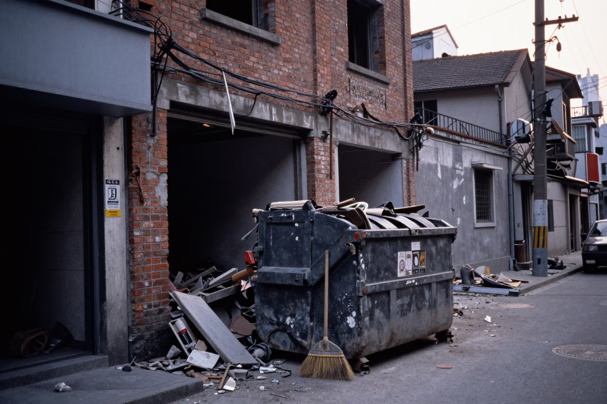 Dawn Street Scene in Shanghai China With Demolition Dumpster and Broom Under Gutted Storefront in in Shanghai, China