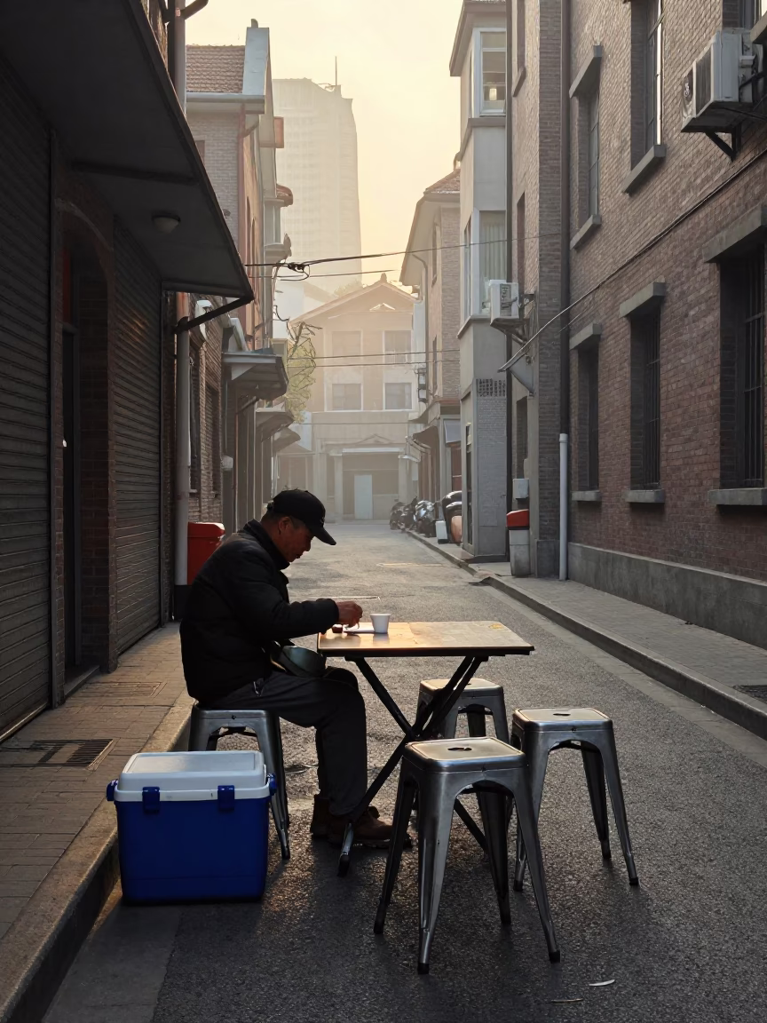 Dawn Street Scene in Shanghai China with Metal Stools and Cooler Jug in in Shanghai, China