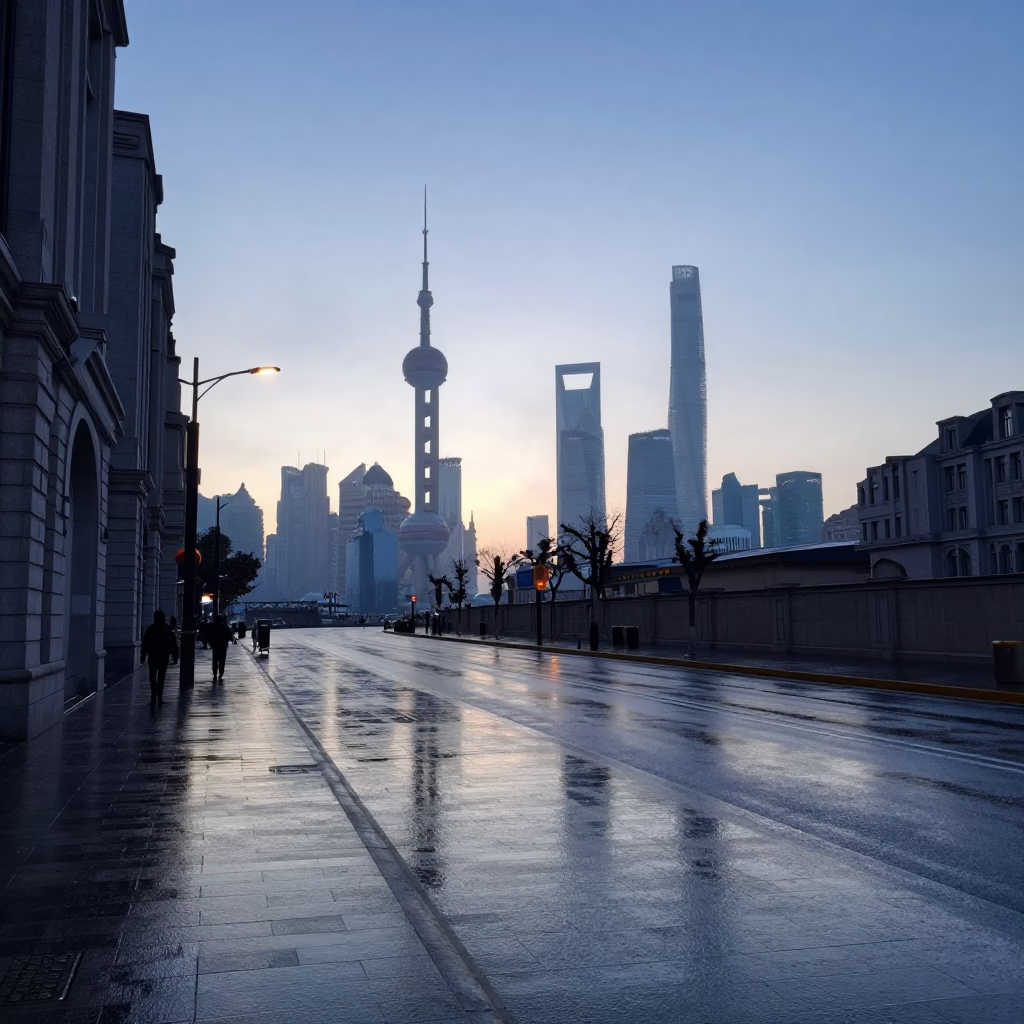 Dawn street scene in Shanghai China with wet pavement and distant city lights in in Shanghai, China