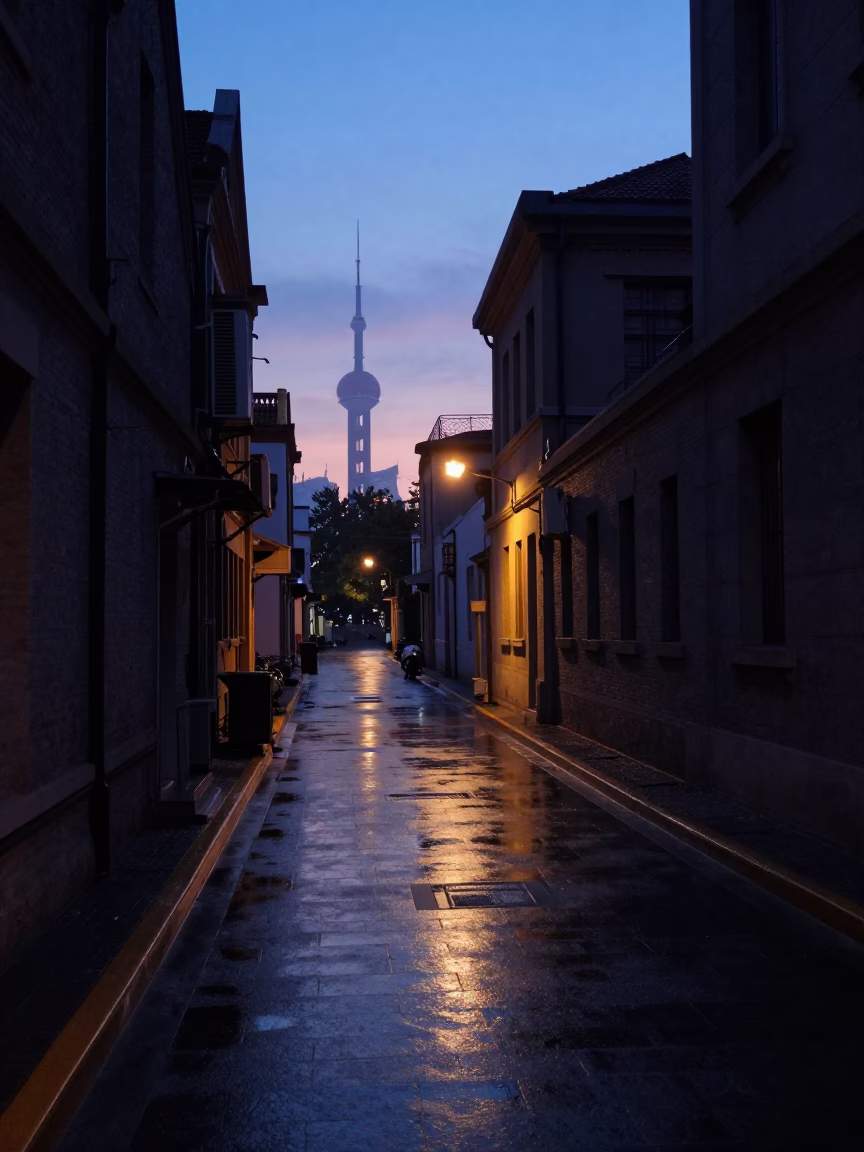 Dawn street scene in Shanghai China with wet pavement and morning commuters in in Shanghai, China