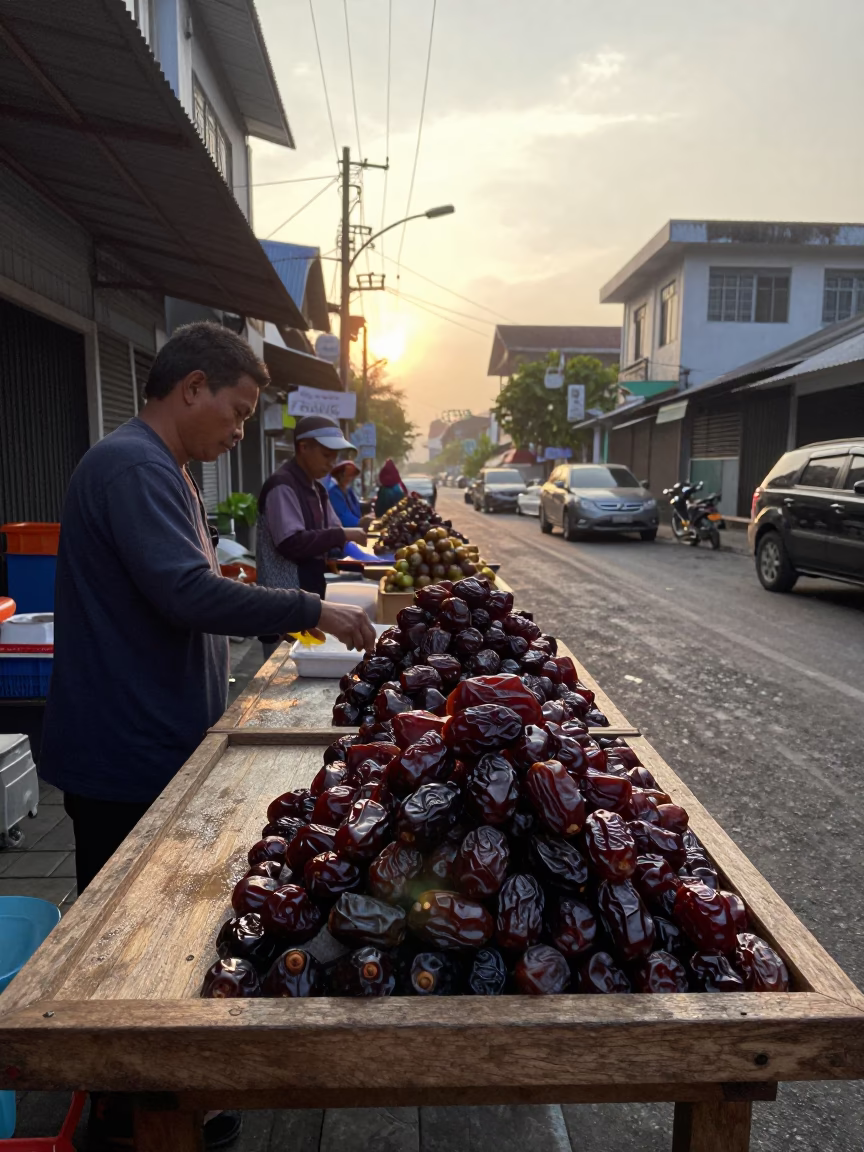 Dawn Street Scene in Surabaya Indonesia with Condensation on Countertop and Dates in in Surabaya, Indonesia