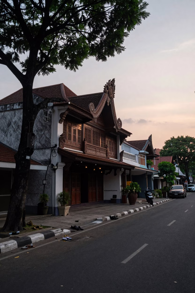 Dawn Street Scene in Surabaya Indonesia with Slippers and Tree in in Surabaya, Indonesia