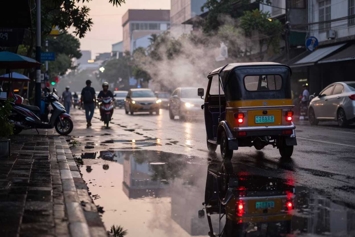Dawn Street Scene in Surabaya Indonesia with Steam and Puddle Reflections in in Surabaya, Indonesia