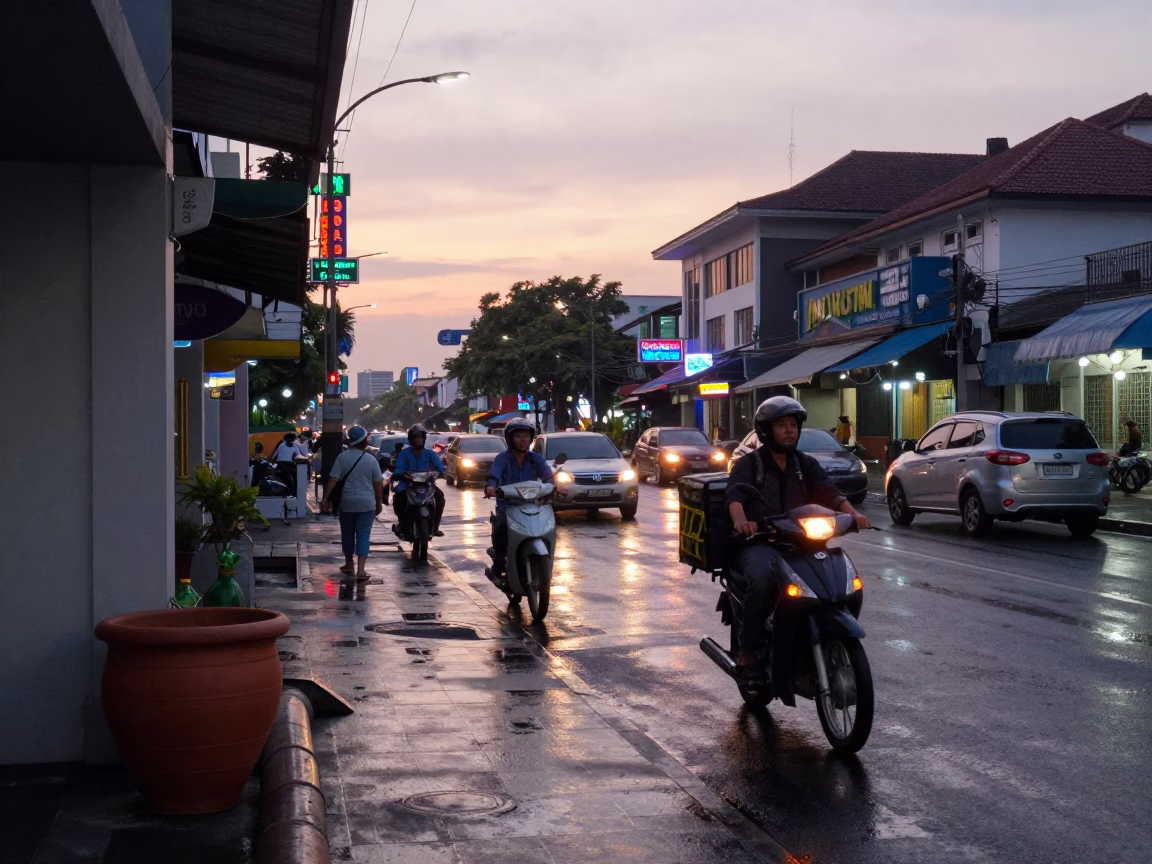 Dawn Street Scene in Surabaya Indonesia with Terracotta Pot and Pipeline Infrastructure in in Surabaya, Indonesia