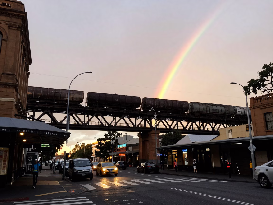 Dawn Street Scene in Sydney with Freight Train and Rainbow Eucalyptus Trees in in Sydney, New South Wales, Australia