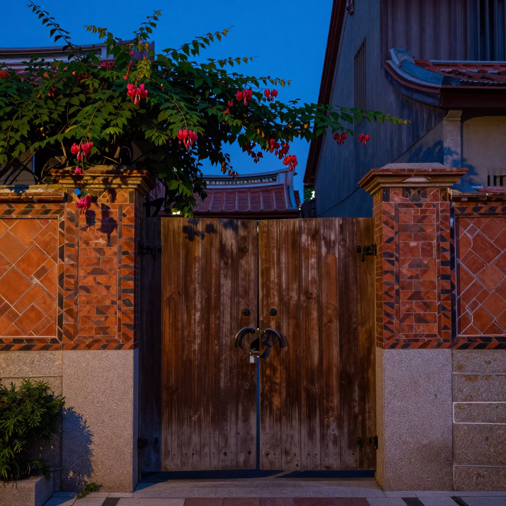 Dawn street scene in Tainan Taiwan with garden gate and colorful scarf in in Tainan, Taiwan