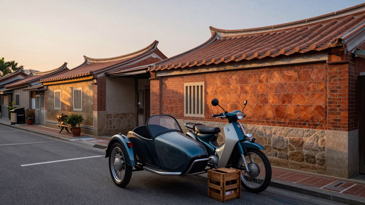 Dawn Street Scene in Tainan Taiwan with Vintage Motorcycle Sidecar and Morning Market Activity in in Tainan, Taiwan