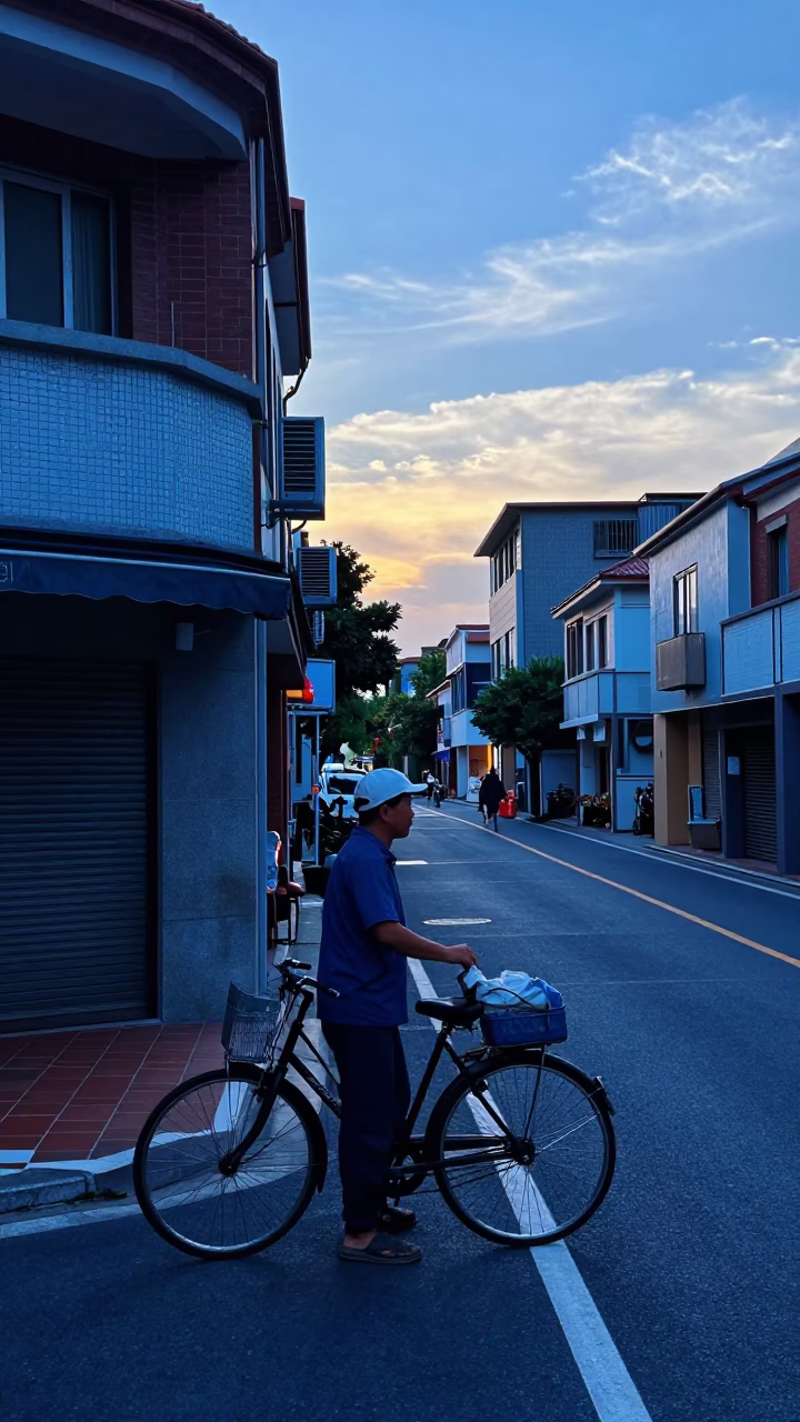 Dawn Street Scene in Tainan Taiwan with Worker and Bicycle in in Tainan, Taiwan