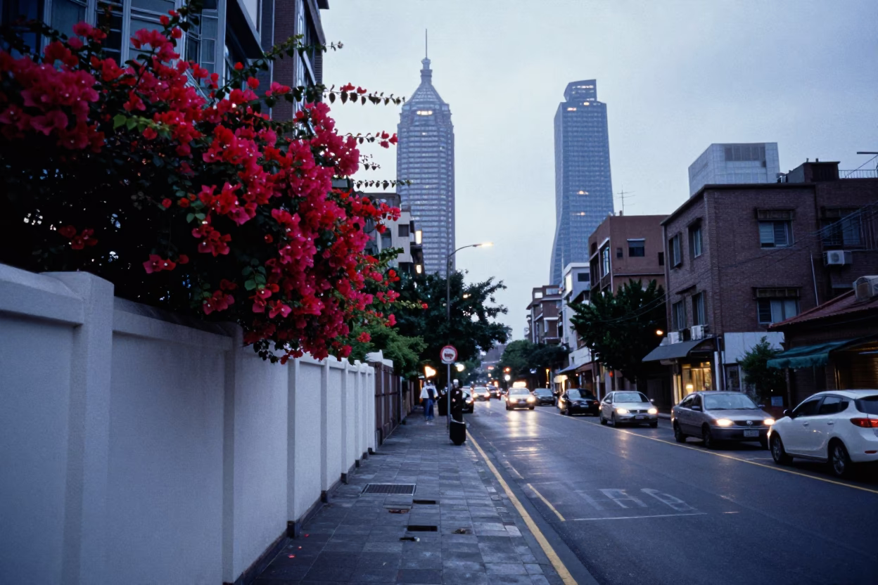 Dawn Street Scene in Taipei Taiwan with Bougainvillea and Urban Life in in Taipei, Taiwan