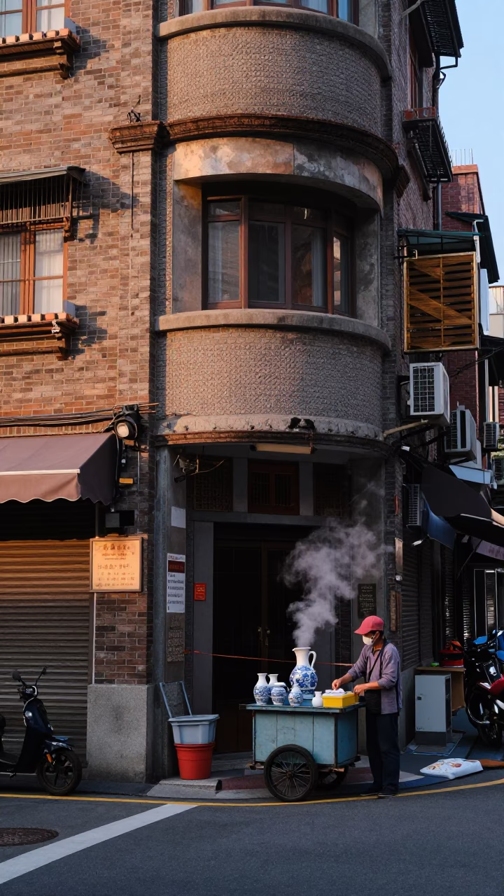 Dawn Street Scene in Taipei Taiwan with Ceramic Pitcher and Steam Haze in in Taipei, Taiwan