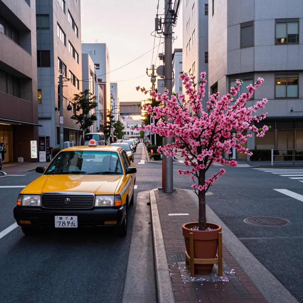 Dawn Street Scene in Tokyo Japan with Yellow Taxi and Flowering Plant in in Tokyo, Japan