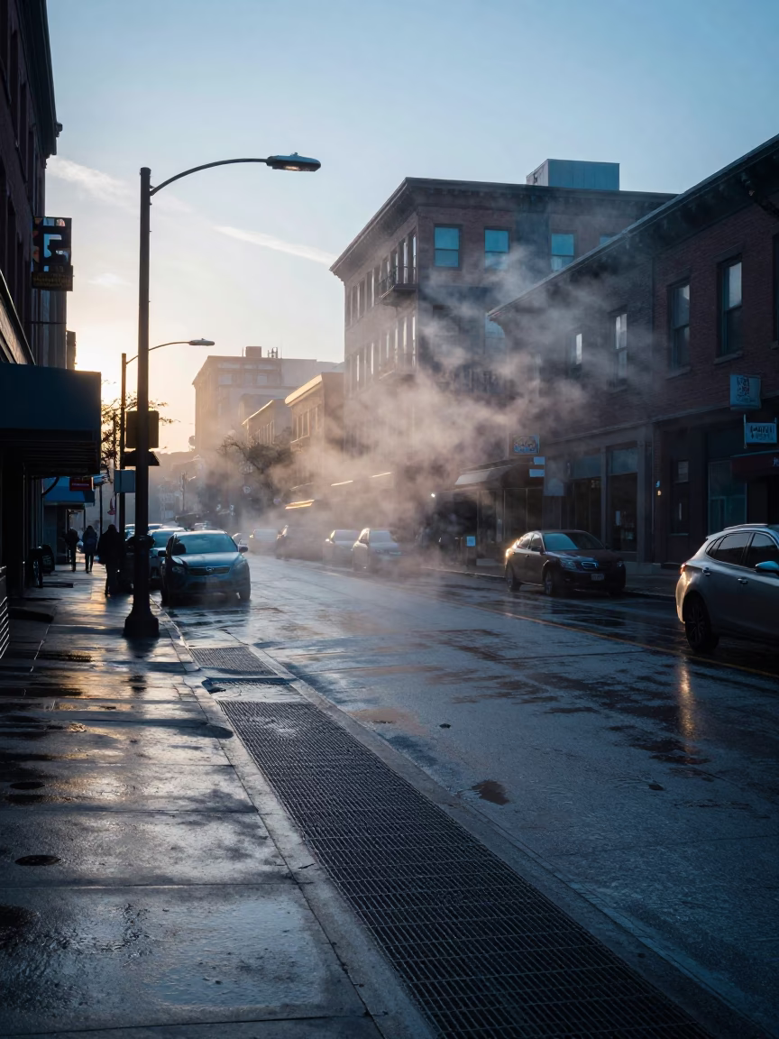 Dawn Street Scene in Toronto Ontario Canada with Steam and Urban Details in in Toronto, Ontario, Canada