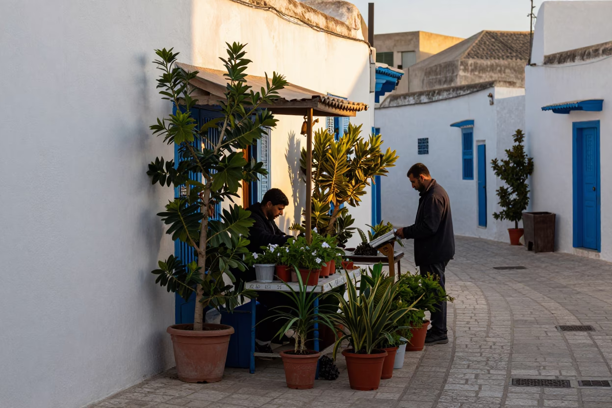 Dawn Street Scene in Tunis Tunisia with Houseplants and Folding Ruler in in Tunis, Tunisia