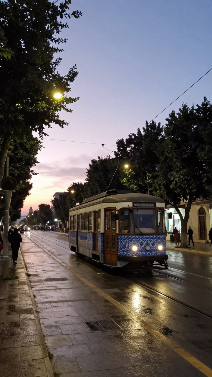 Dawn Street Scene in Tunis Tunisia with Tramcar and Blue Porcelain Plate in in Tunis, Tunisia
