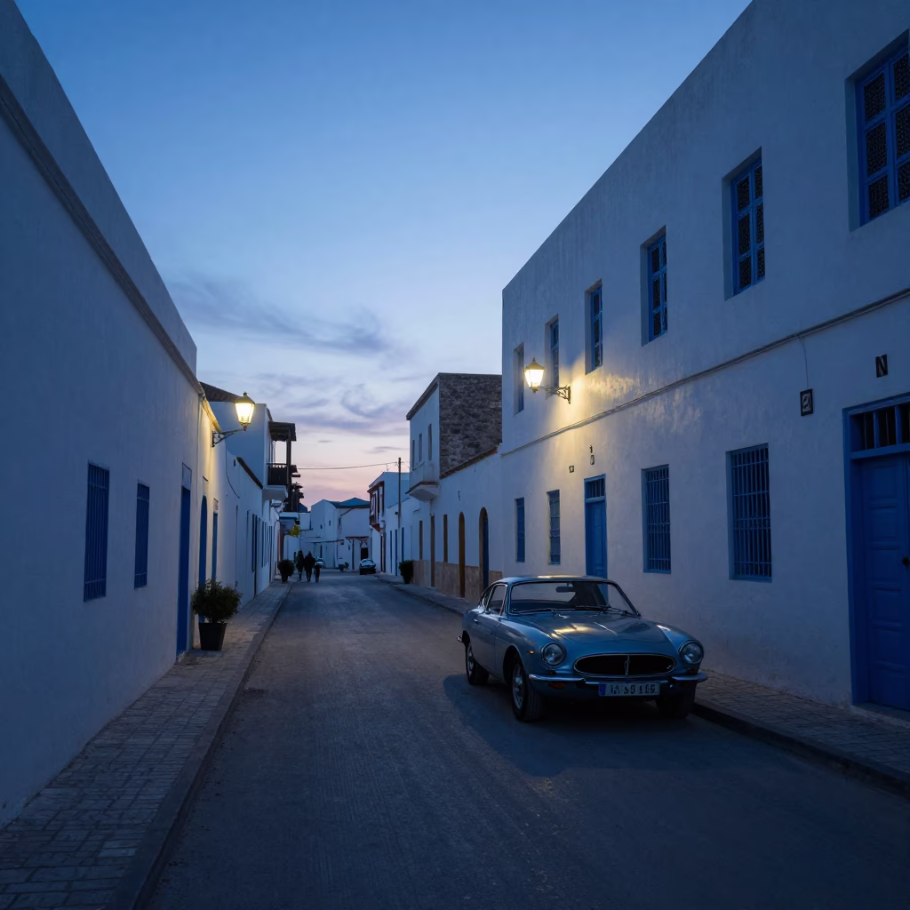 Dawn Street Scene in Tunis Tunisia with Vintage Sports Car and Tea Kettle in in Tunis, Tunisia