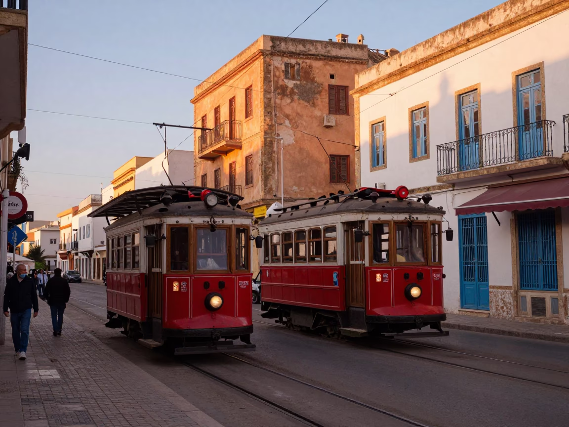 Dawn Street Scene in Tunis Tunisia with Vintage Tram and Traditional Architecture in in Tunis, Tunisia