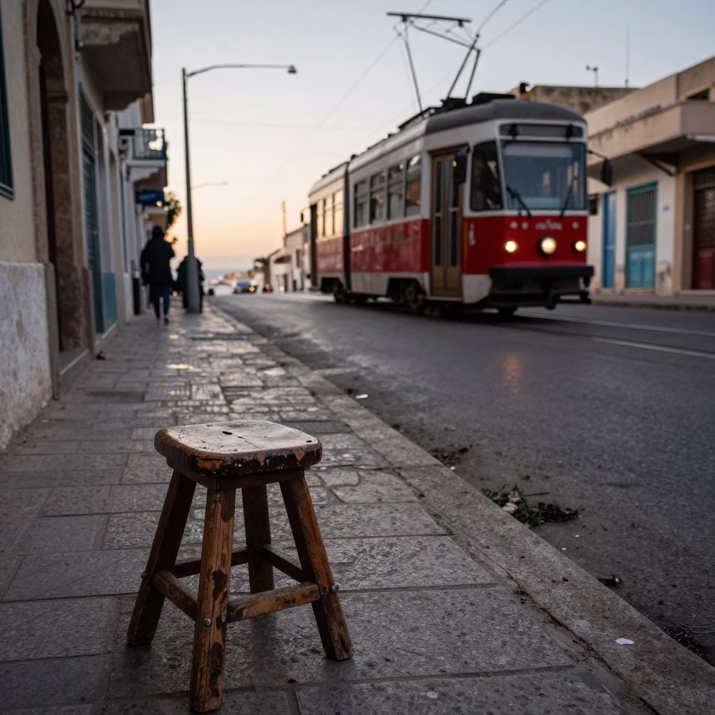 Dawn Street Scene in Tunis Tunisia with Wooden Stool and Tram in in Tunis, Tunisia