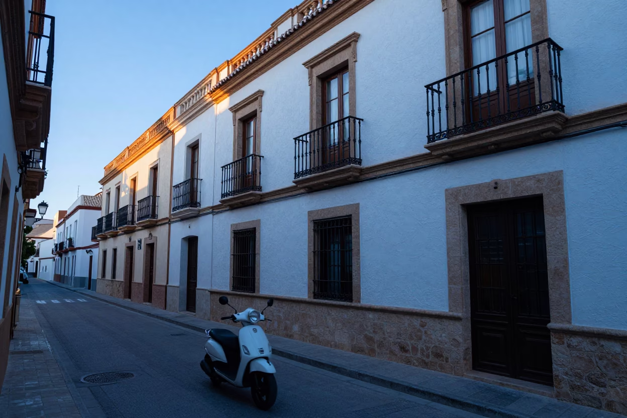 Dawn Street Scene in Valencia Spain with Scooter and Traditional Architecture in in Valencia, Spain