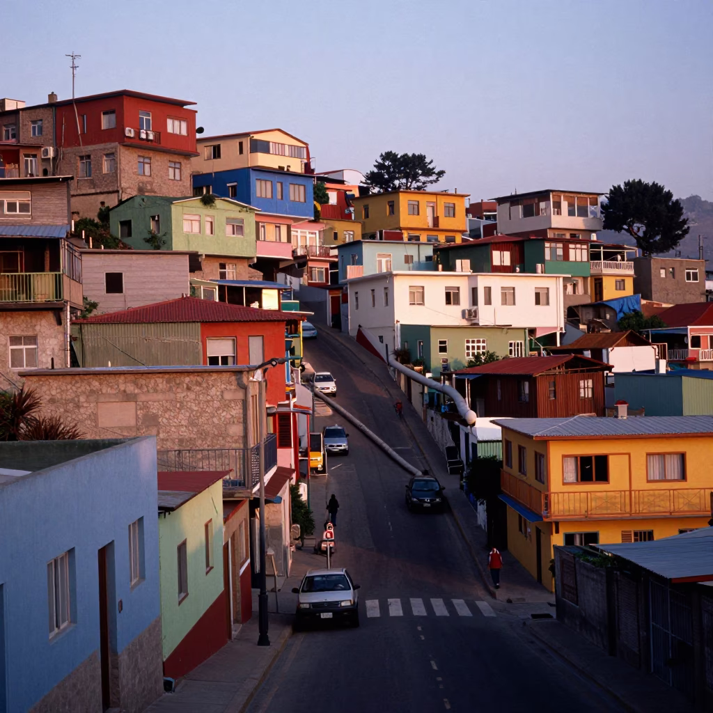 Dawn Street Scene in Valparaiso Chile with Colorful Architecture and Local Life in in Valparaiso, Chile