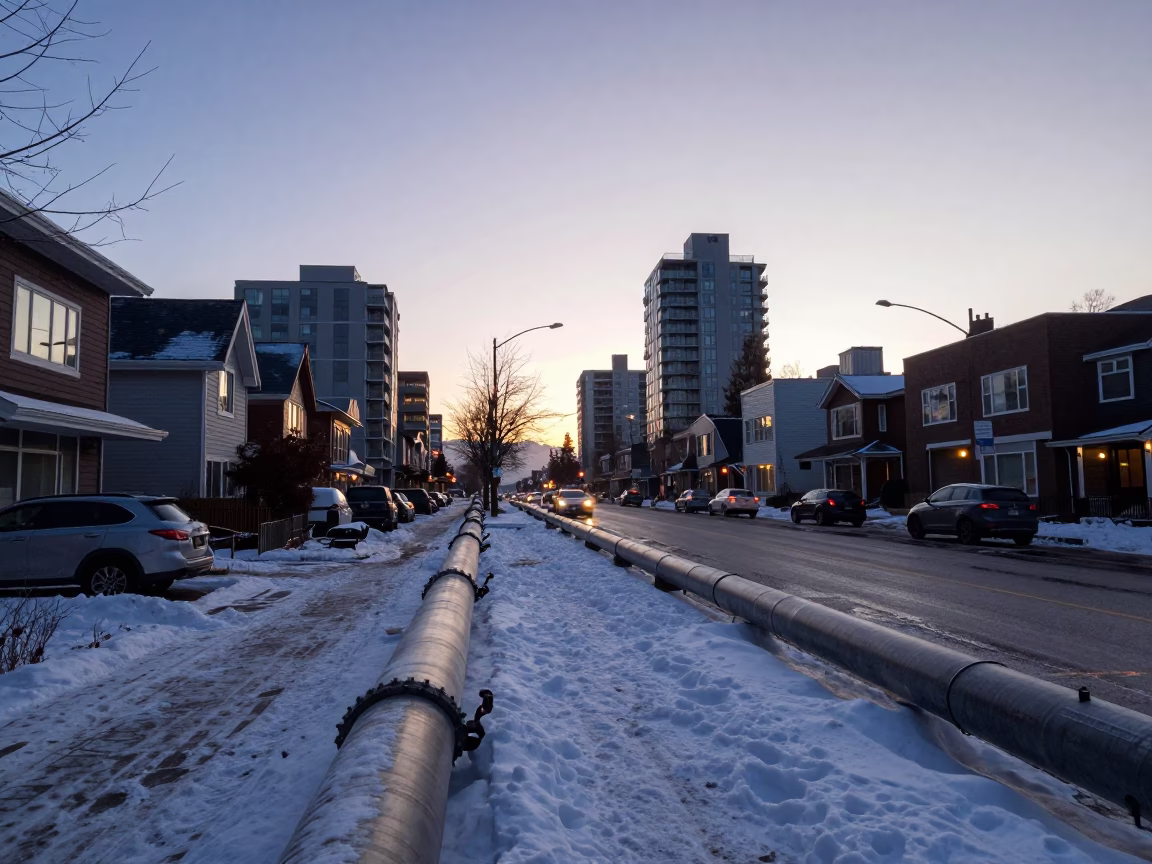 Dawn Street Scene in Vancouver BC with District Heating Pipes and Snow in in Vancouver, British Columbia, Canada