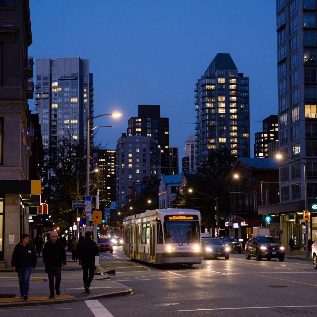 Dawn Street Scene in Vancouver British Columbia with Urban Transit and Pedestrians in in Vancouver, British Columbia, Canada