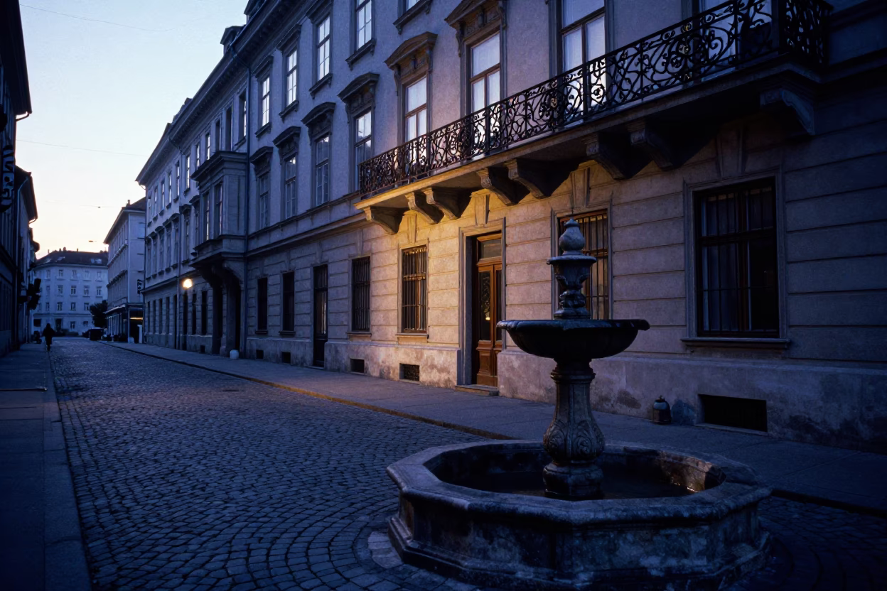 Dawn Street Scene in Vienna Austria with Cobblestones and Early Morning Light in in Vienna, Austria
