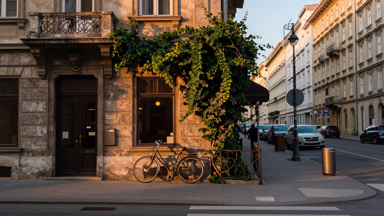 Dawn Street Scene in Vienna Austria with Ivy Vines and Urban Architecture in in Vienna, Austria