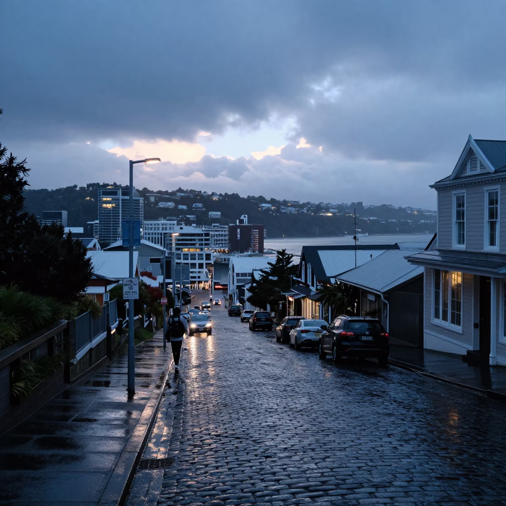 Dawn Street Scene in Wellington New Zealand with Rain-Soaked Cobblestones and Harbor Bridge in in Wellington, New Zealand