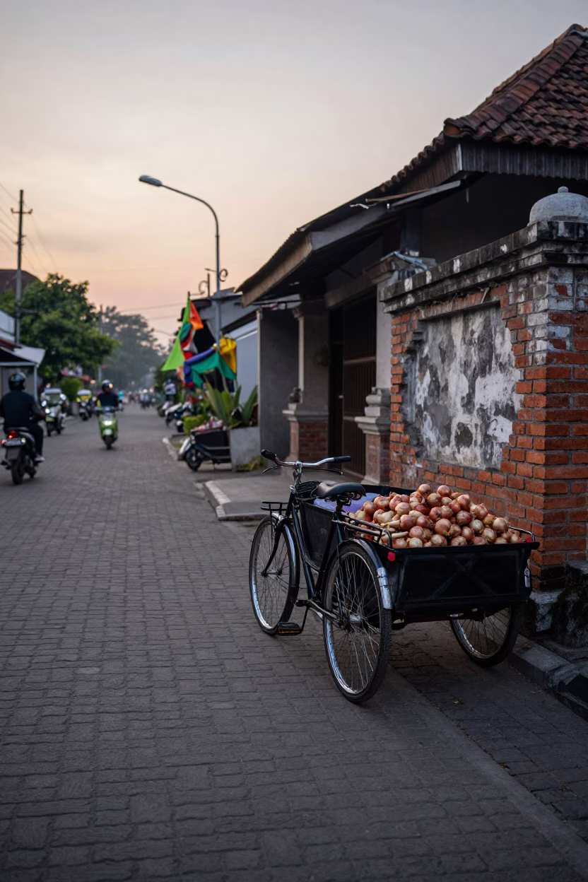 Dawn Street Scene in Yogyakarta Indonesia with Bicycle and Onions in in Yogyakarta, Indonesia