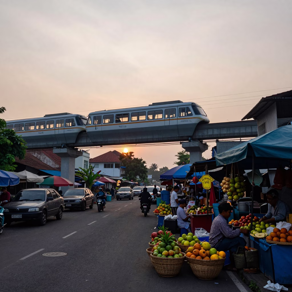 Dawn Street Scene in Yogyakarta Indonesia with Monorail and Local Market Activity in in Yogyakarta, Indonesia