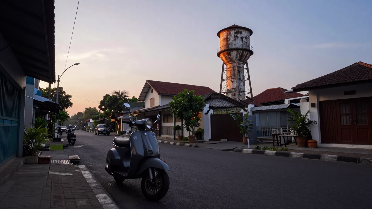 Dawn Street Scene in Yogyakarta Indonesia with Scooter and Water Tower in in Yogyakarta, Indonesia
