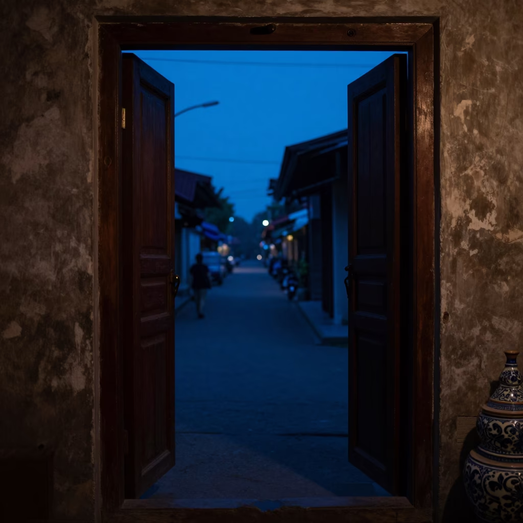 Dawn Street Scene in Yogyakarta Indonesia with Wooden Doorframe and Ceramic Pitcher in in Yogyakarta, Indonesia