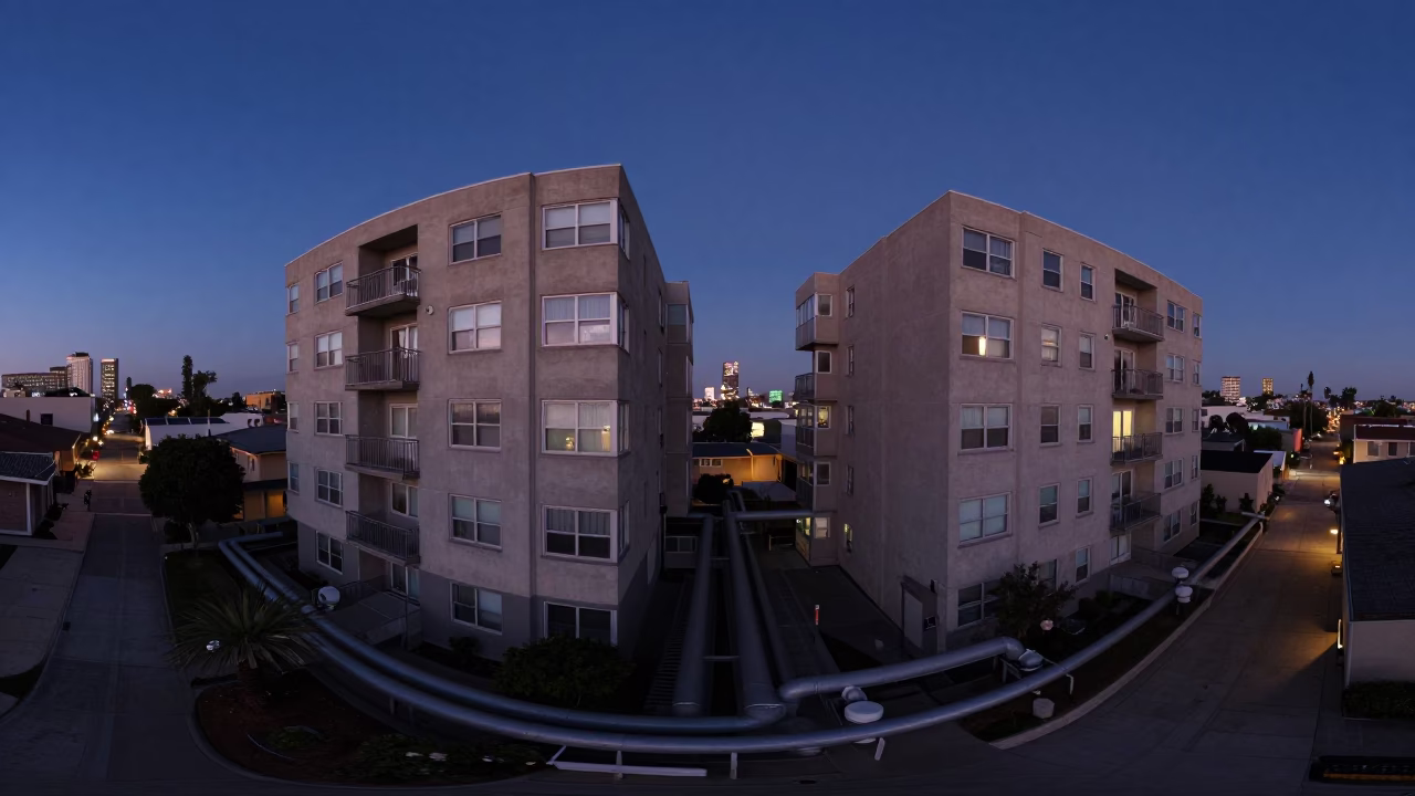 Dawn Street Scene Los Angeles Apartment District Heating Pipes and Concrete Architecture in in Los Angeles, California, United States