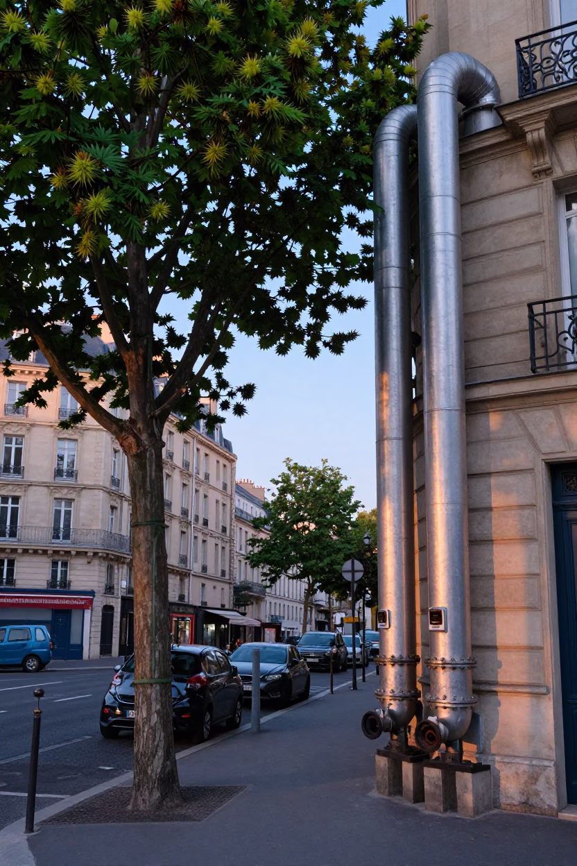 Dawn Street Scene Paris France with District Heating Pipes and Chestnut Trees in in Paris, France
