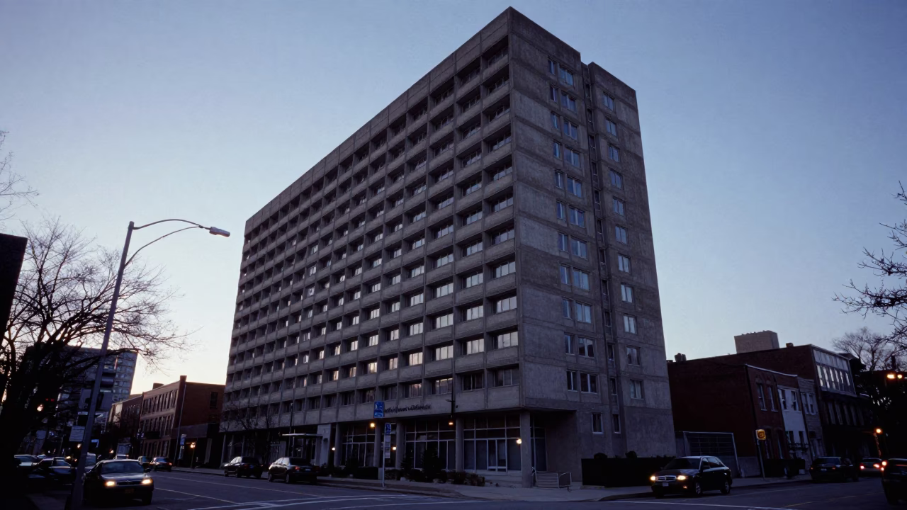 Dawn Street Scene Toronto Ontario Brutalist Concrete University Tower Pre-Dawn Light in in Toronto, Ontario, Canada