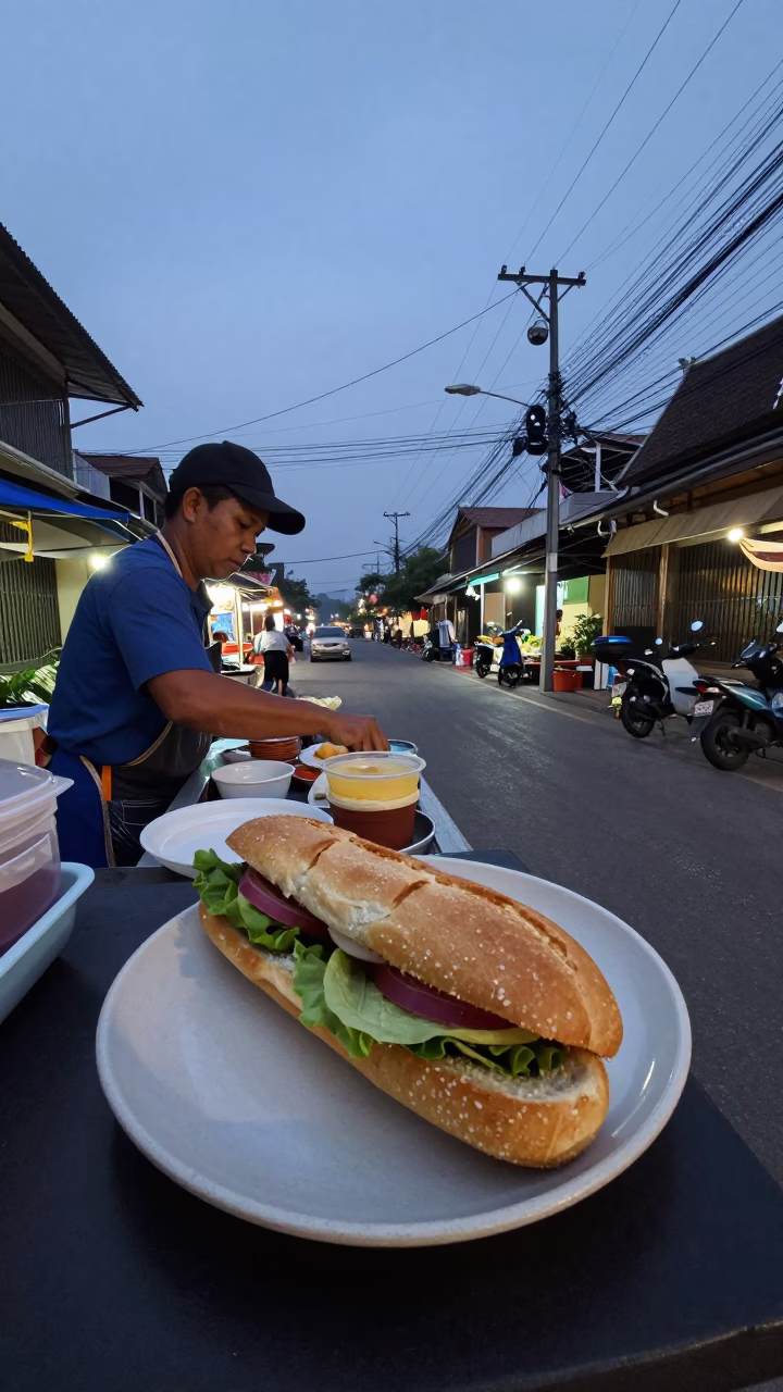 Dawn Street Vendor in Chiang Mai Thailand Preparing Morning Food with Local Market Details in in Chiang Mai, Thailand