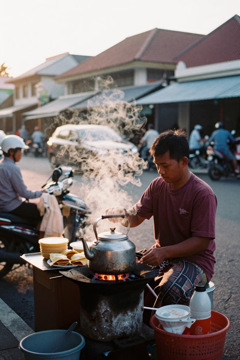 Dawn Street Vendor in Denpasar Indonesia Preparing Breakfast with Steam and Spice Jars in in Denpasar, Indonesia
