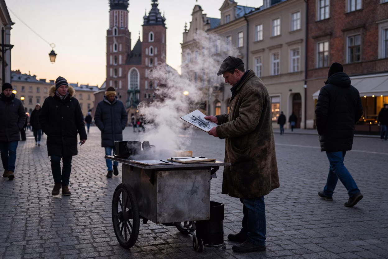 Dawn Street Vendor in Krakow Poland with Charcoal Sketchbook and Vintage Atmosphere in in Krakow, Poland
