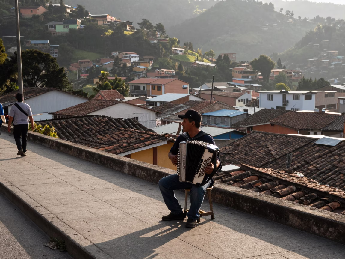 Dawn Street Vendor in Medellin Colombia Playing Accordion Near Paved Sidewalk in in Medellin, Colombia