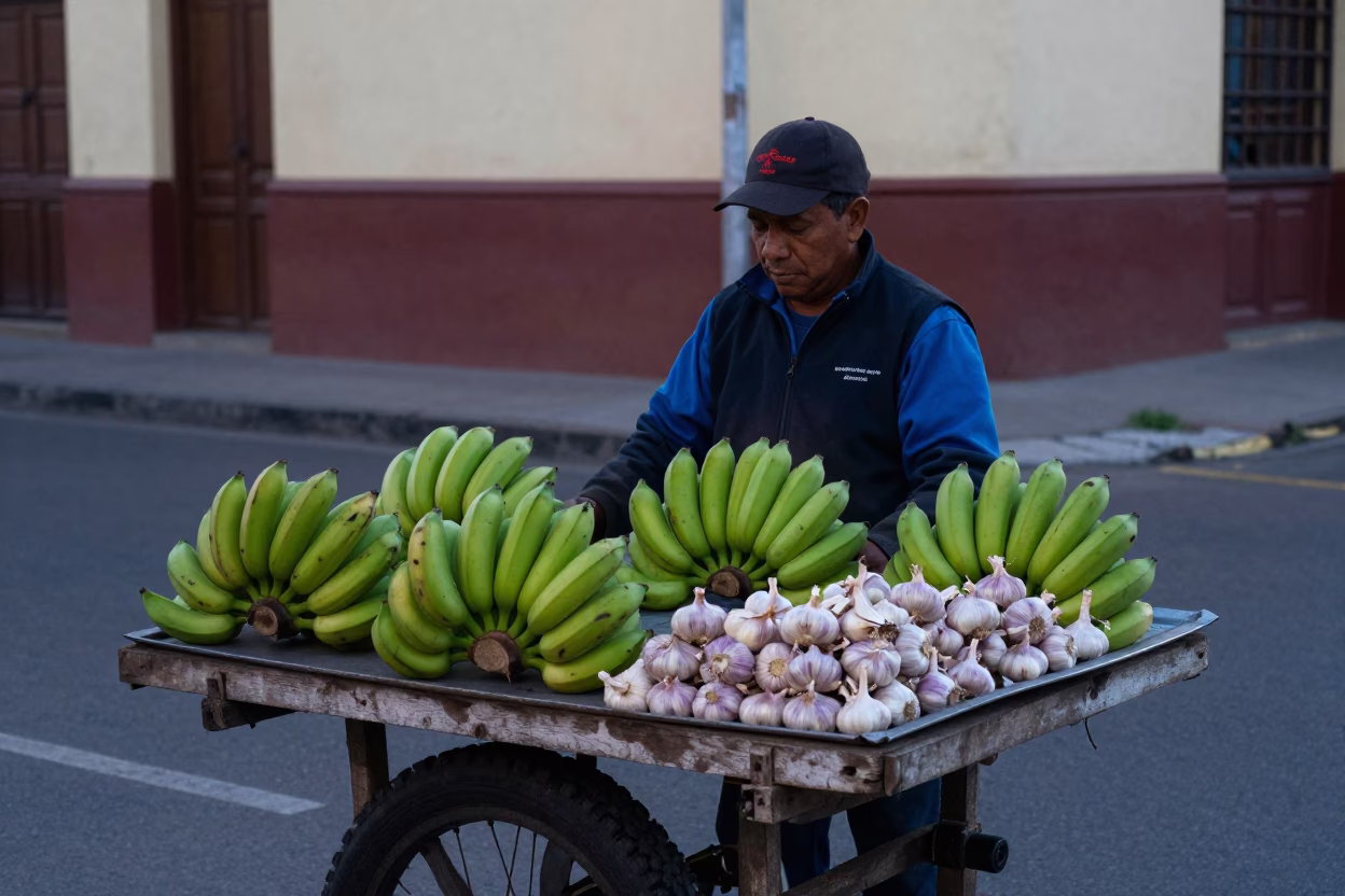 Dawn Street Vendor in Medellin Colombia Selling Fresh Bananas and Garlic Before Sunrise in in Medellin, Colombia