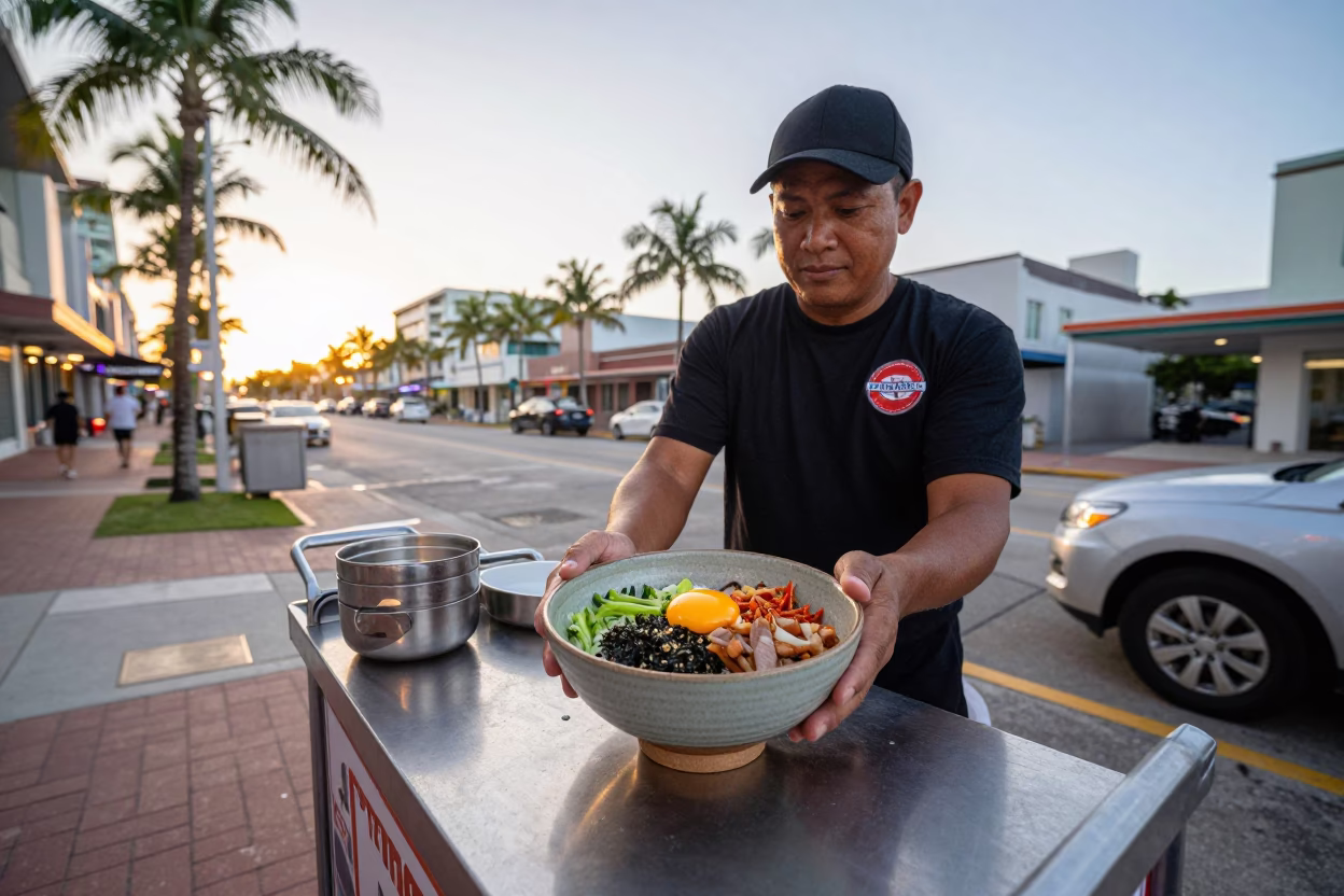 Dawn Street Vendor in Miami Florida Serves Bibimbap Bowl with Raw Egg in in Miami, Florida, United States