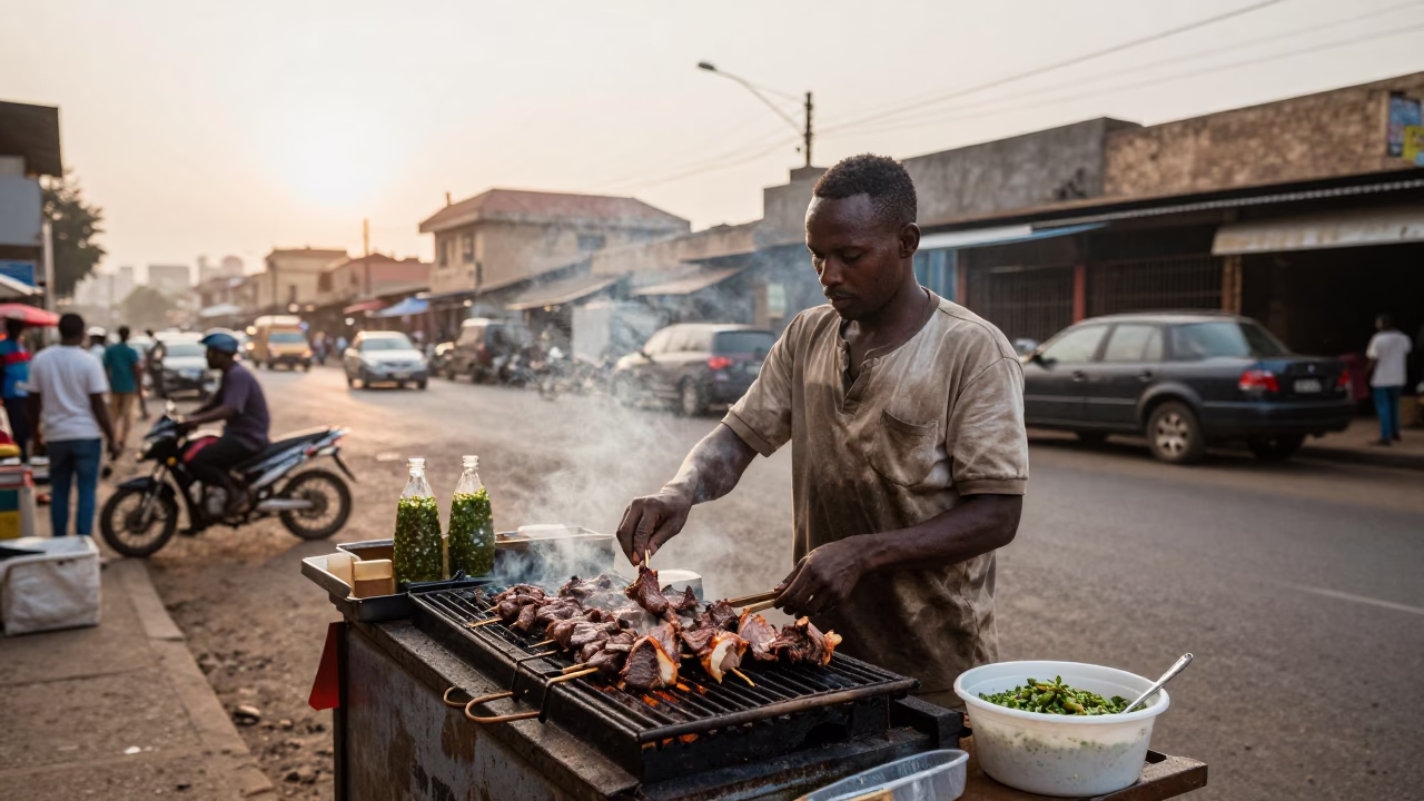 Dawn street vendor in Nairobi Kenya selling churrasco with chimichurri and glass jars in in Nairobi, Kenya