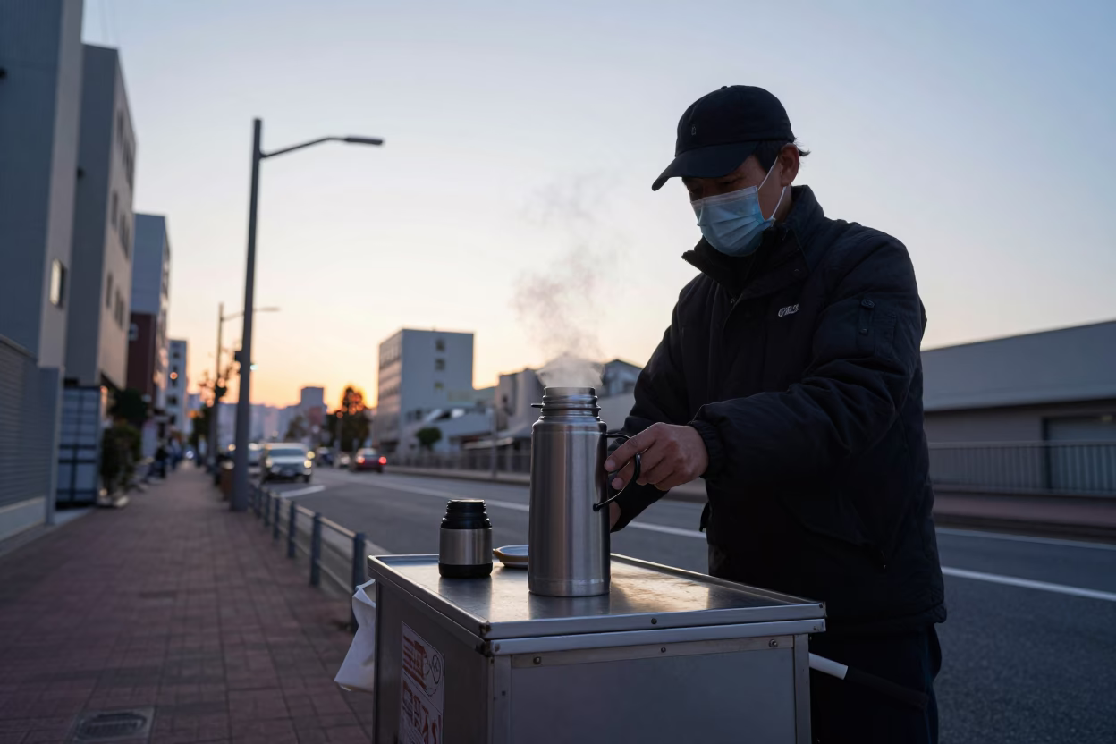 Dawn Street Vendor in Tokyo Japan with Thermos and Stopwatch Preparing for Morning Rush in in Tokyo, Japan